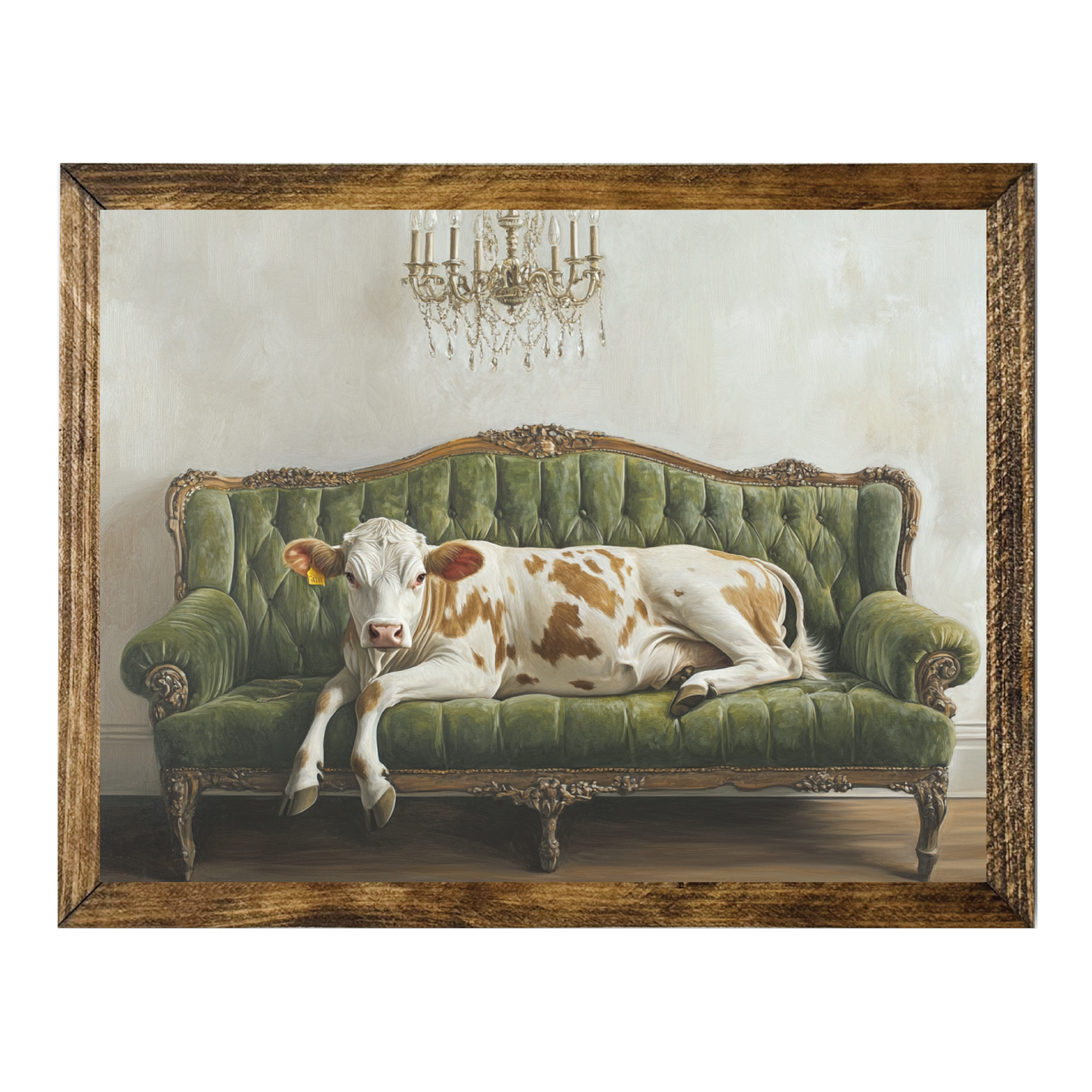 TIMBERLAND FRAME COW RELAXING ON GREEN VINTAGE SOFA RUSTIC