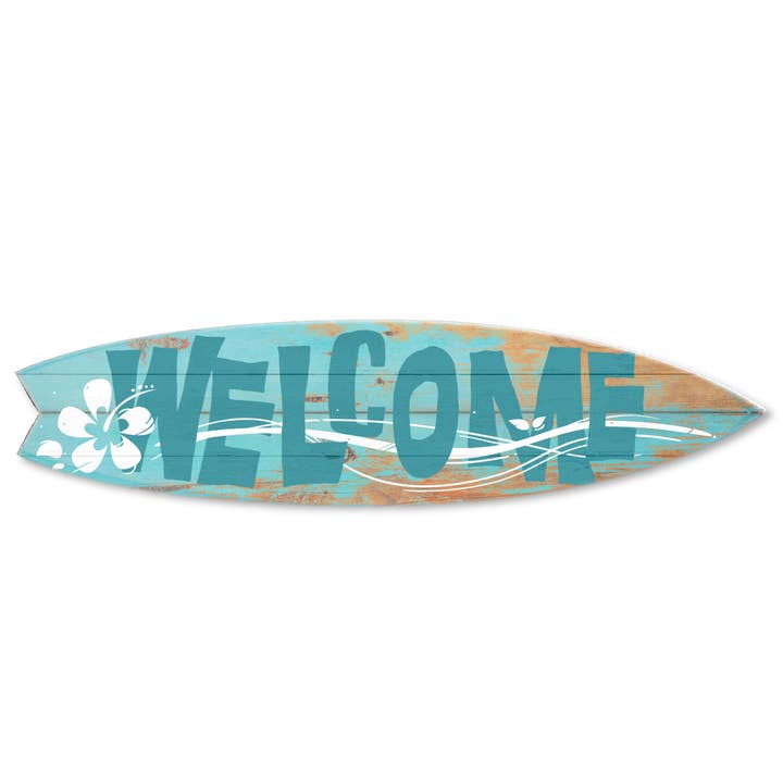 MINI 23" SURF BOARD WALL ACCENT TEAL WOOD WELCOME