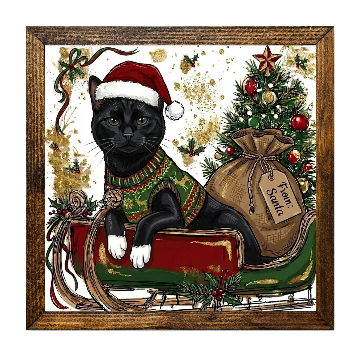 Black Cat Santa Sled Christmas Wall Art