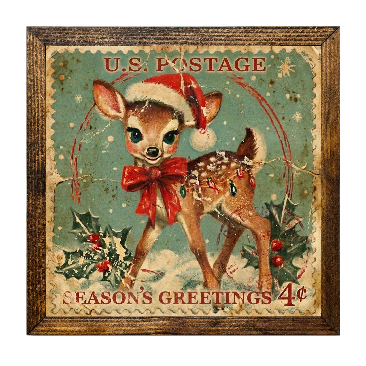 Vintage Christmas Fawn Postage Stamp Wall Art