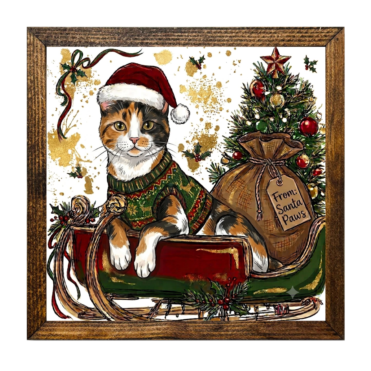 Rustic Calico Cat Christmas Wall Art