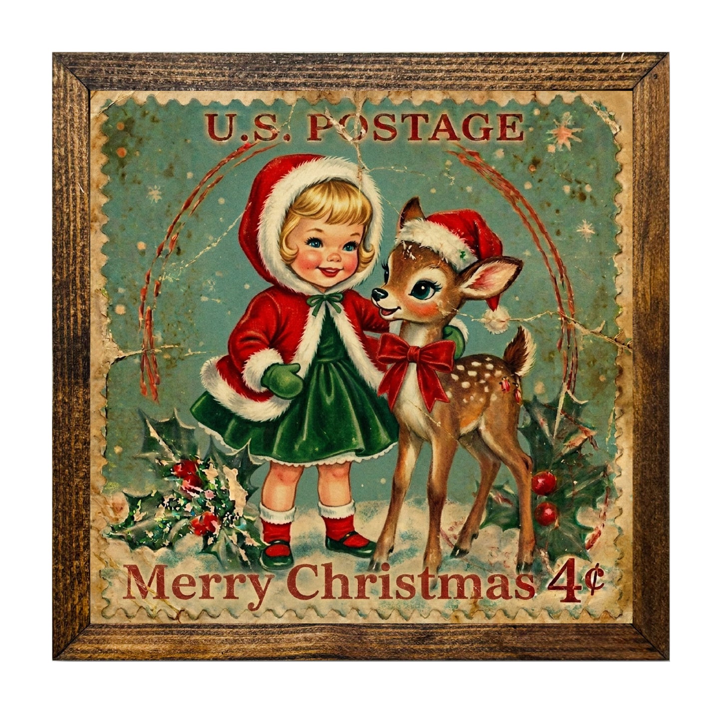 Vintage Girl & Reindeer Christmas Postage Stamp Wall Art