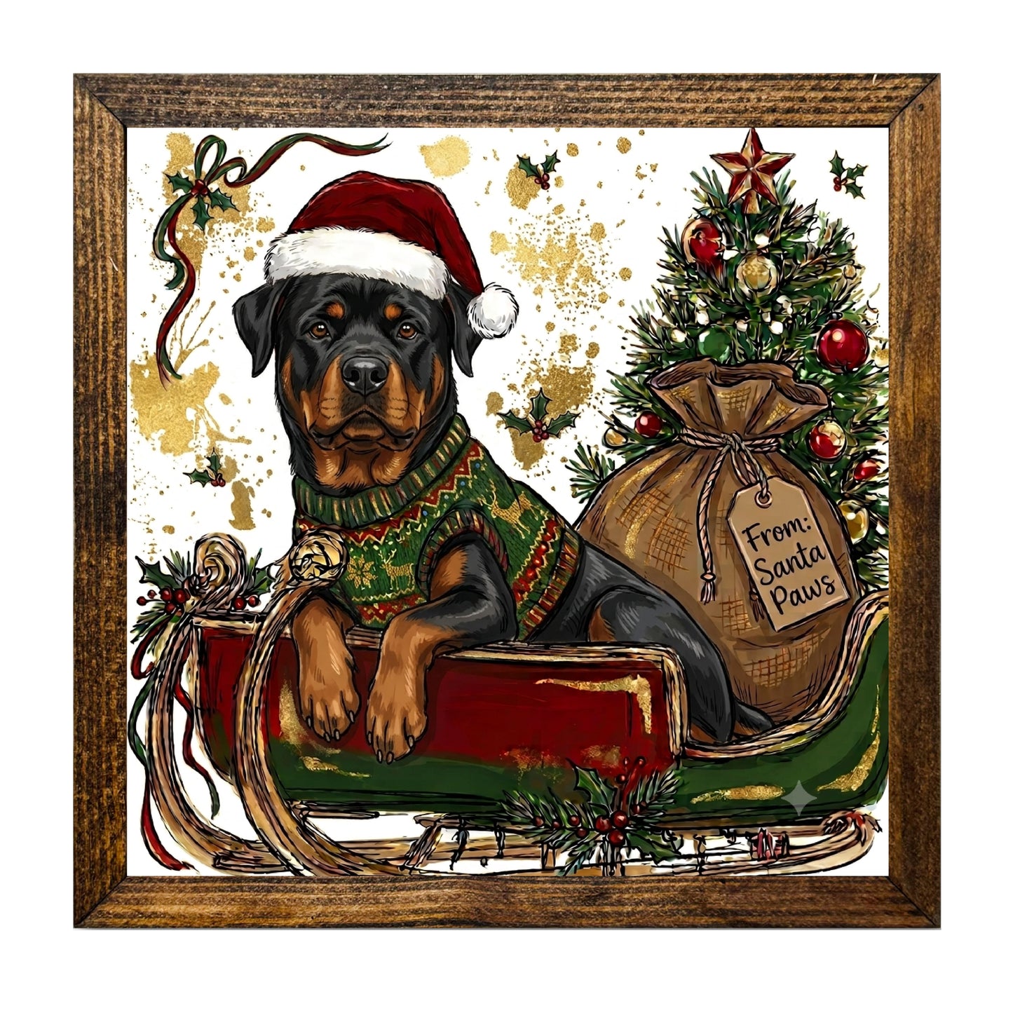 Rottweiler Santa Paws Christmas Sleigh Wall Art