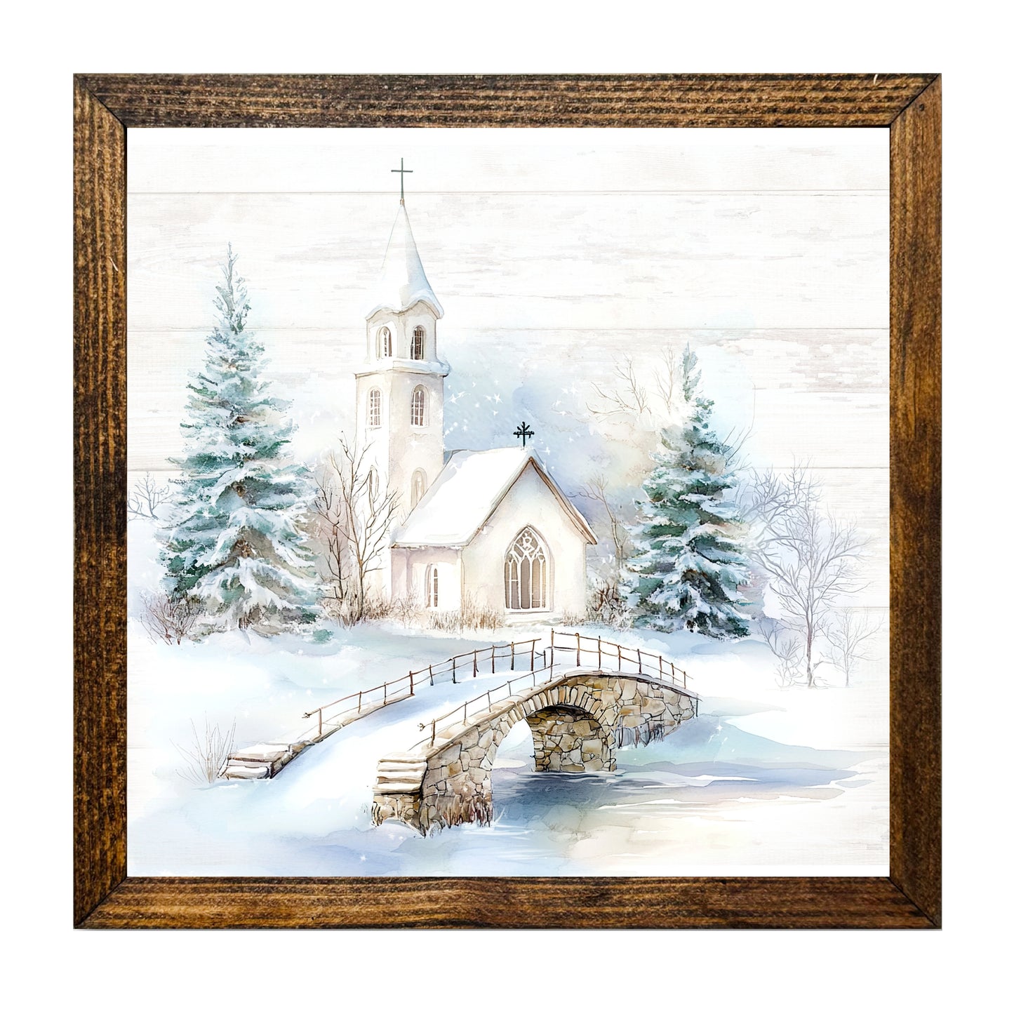 Watercolor Snowy Church Winter Landscape Wall Art