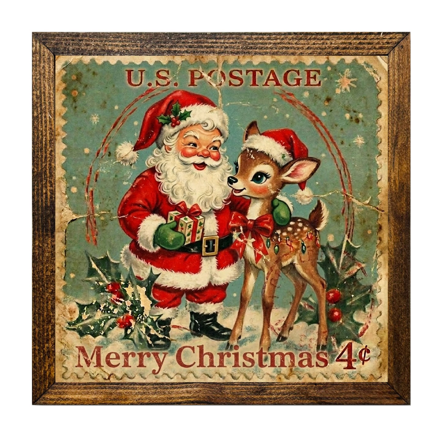 Vintage Santa & Deer Christmas Postage Stamp Wall Art