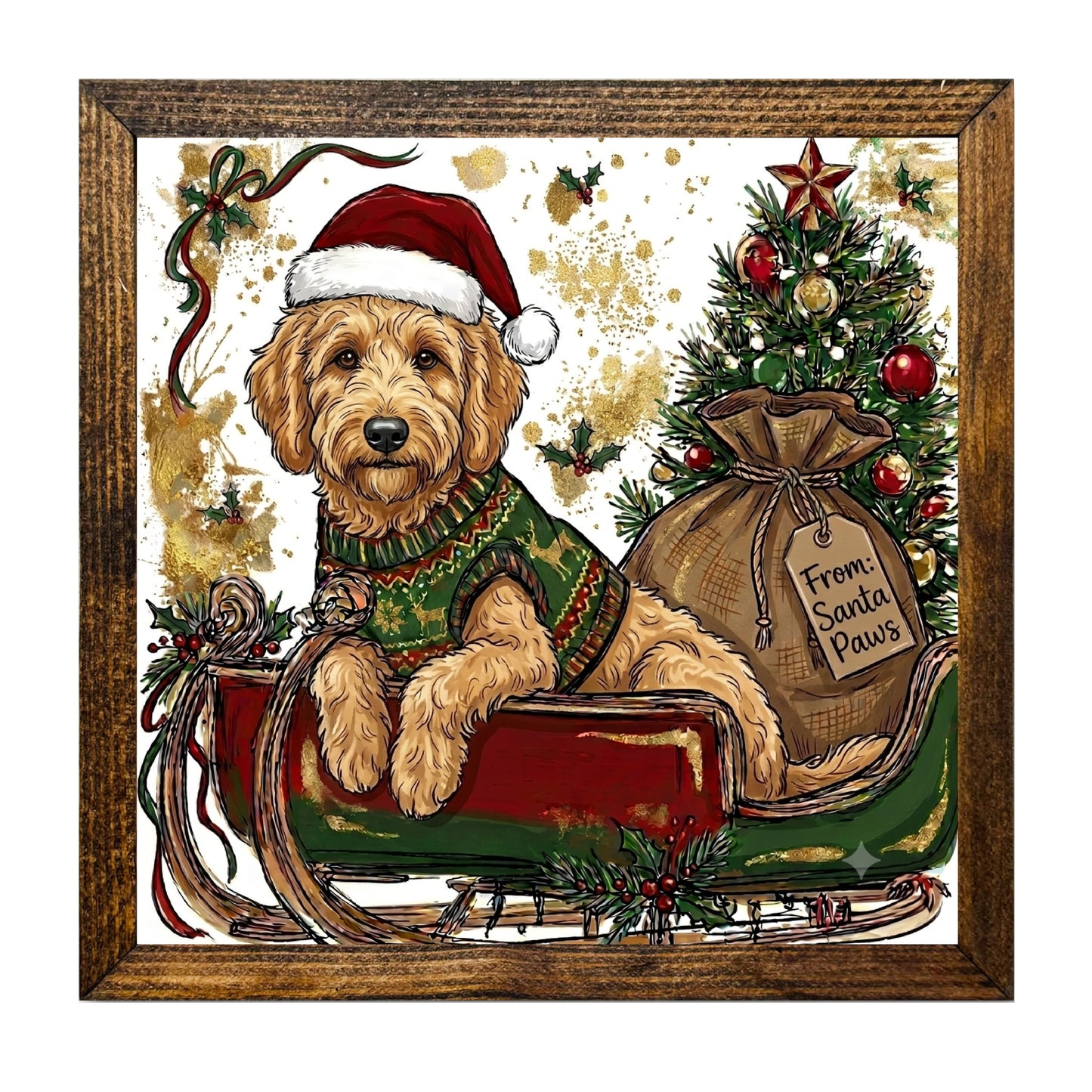 Goldendoodle Puppy Santa Christmas Sleigh Wall Art