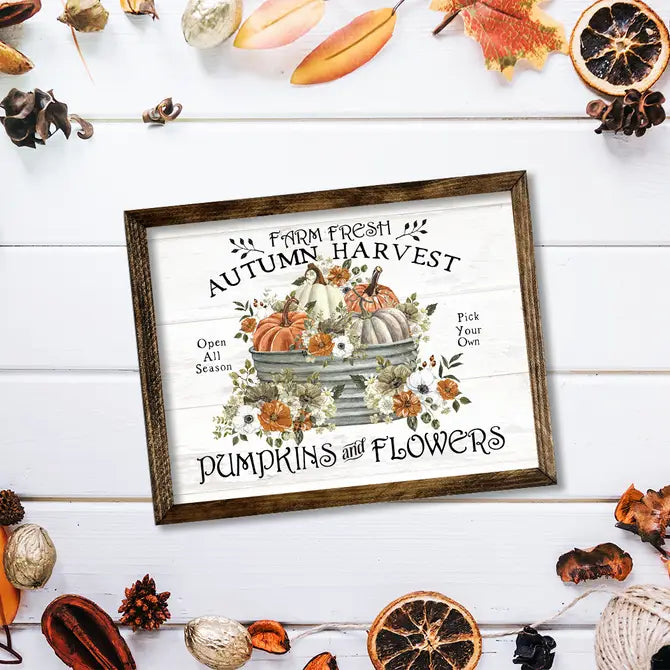 TIMBERLAND FRAME AUTUMN HARVEST PUMPKINS AND FLOWERS