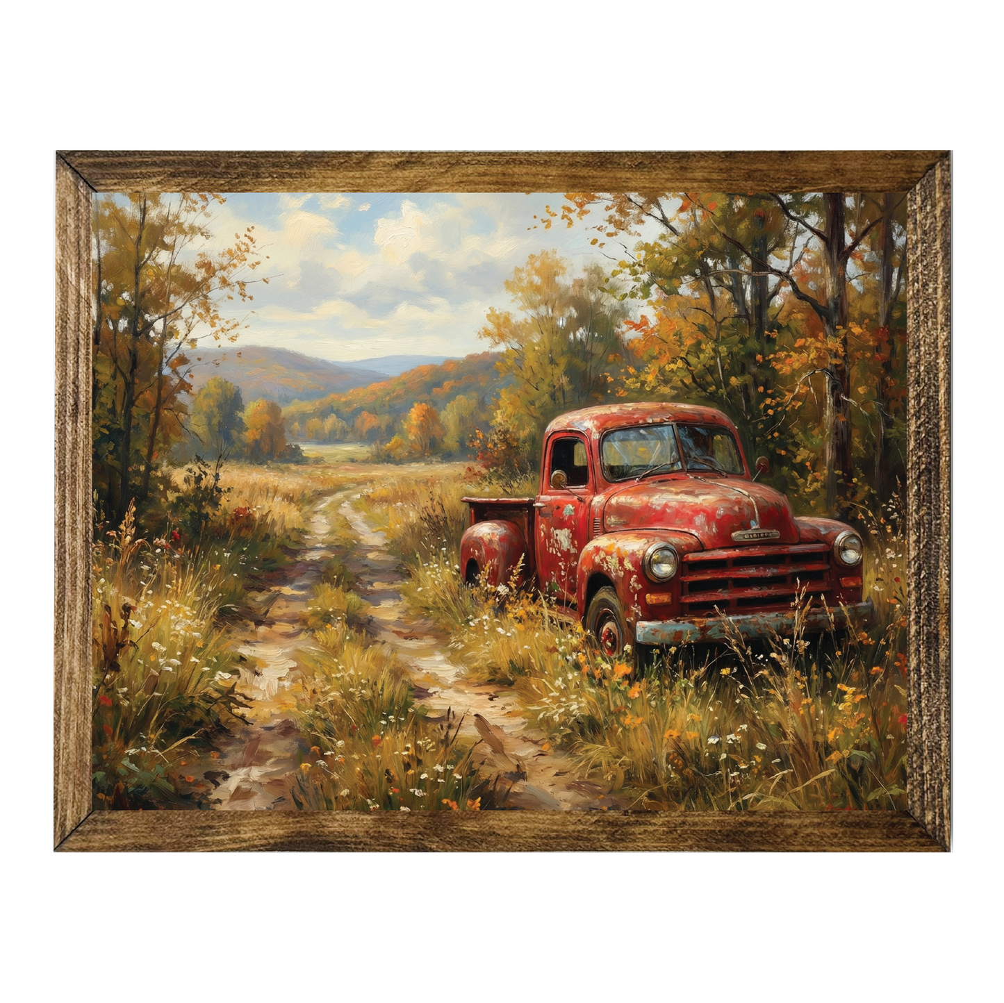 TIMBERLAND FRAME OLD RED TRUCK DIRT ROAD ROLLING HILLS
