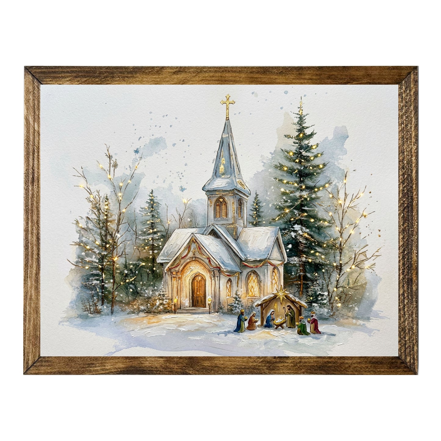 Snowy Country Church Nativity Christmas Watercolor Wall Art
