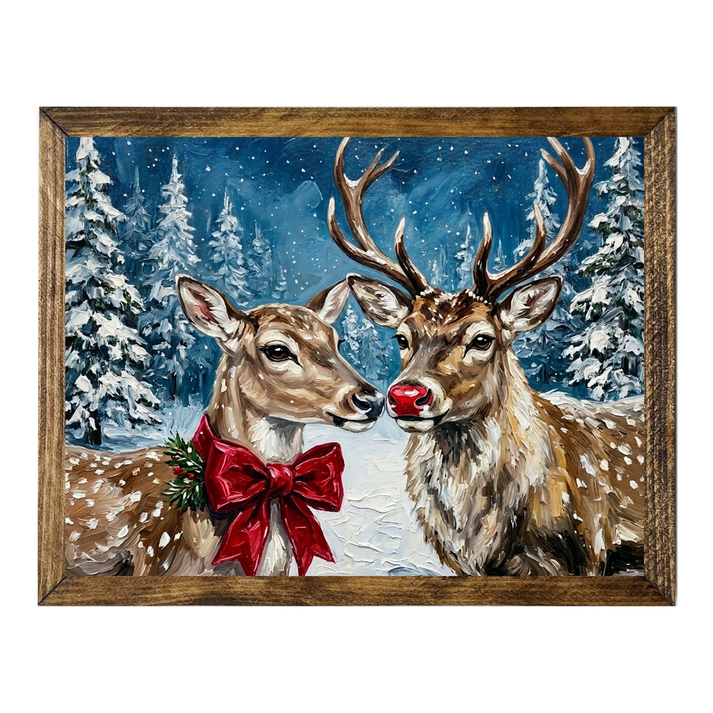 Christmas Reindeer Couple Red Nose Winter Forest Wall Art
