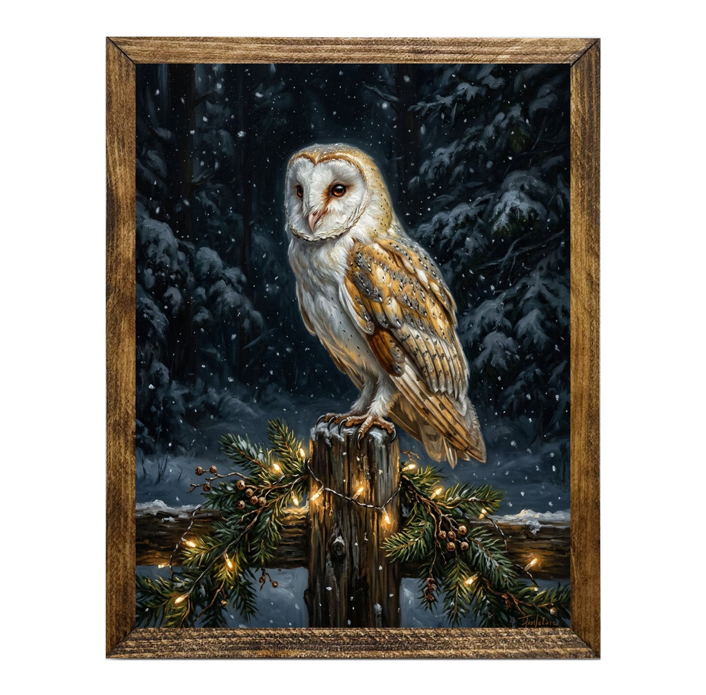 Barn Owl Winter Snowfall Christmas Lights Wall Art