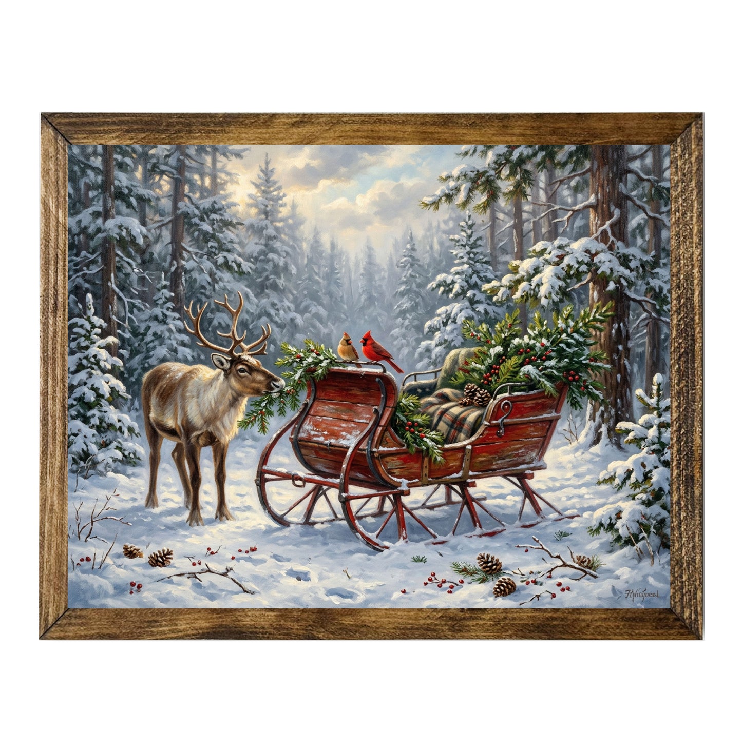Christmas Eve Sleigh Reindeer & Cardinals Wall Art