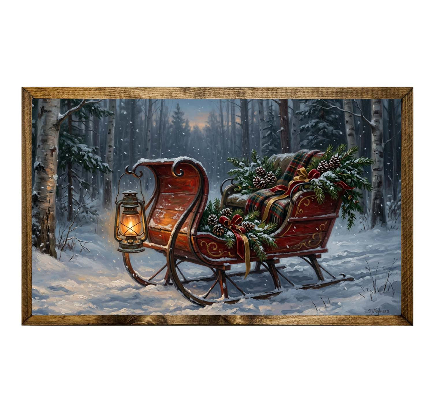 Vintage Red Sleigh Christmas Gifts Snowy Forest Wall Art