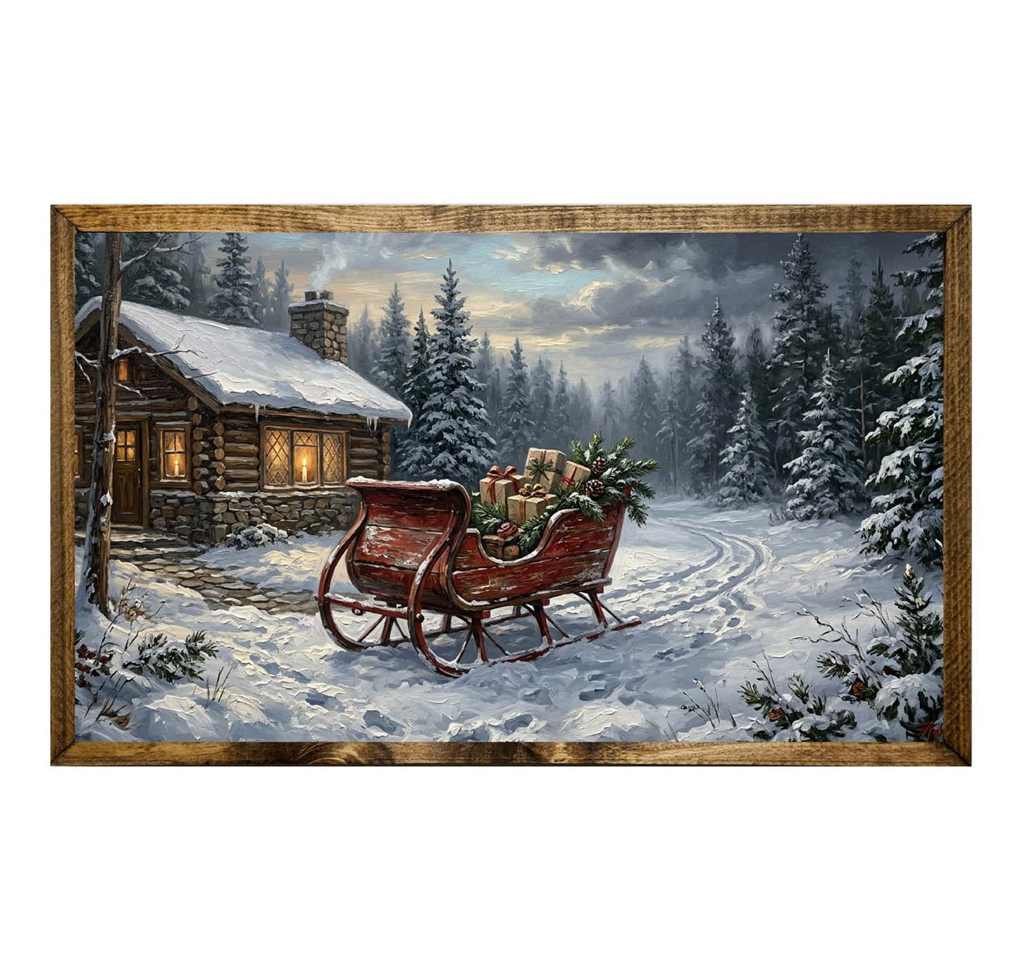 Christmas Log Cabin Red Sleigh Gifts Snowy Forest Wall Art