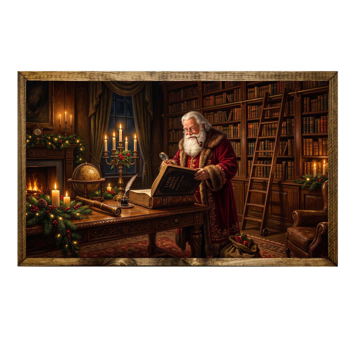 Santa Claus Reading Book Vintage Christmas Library Wall Art