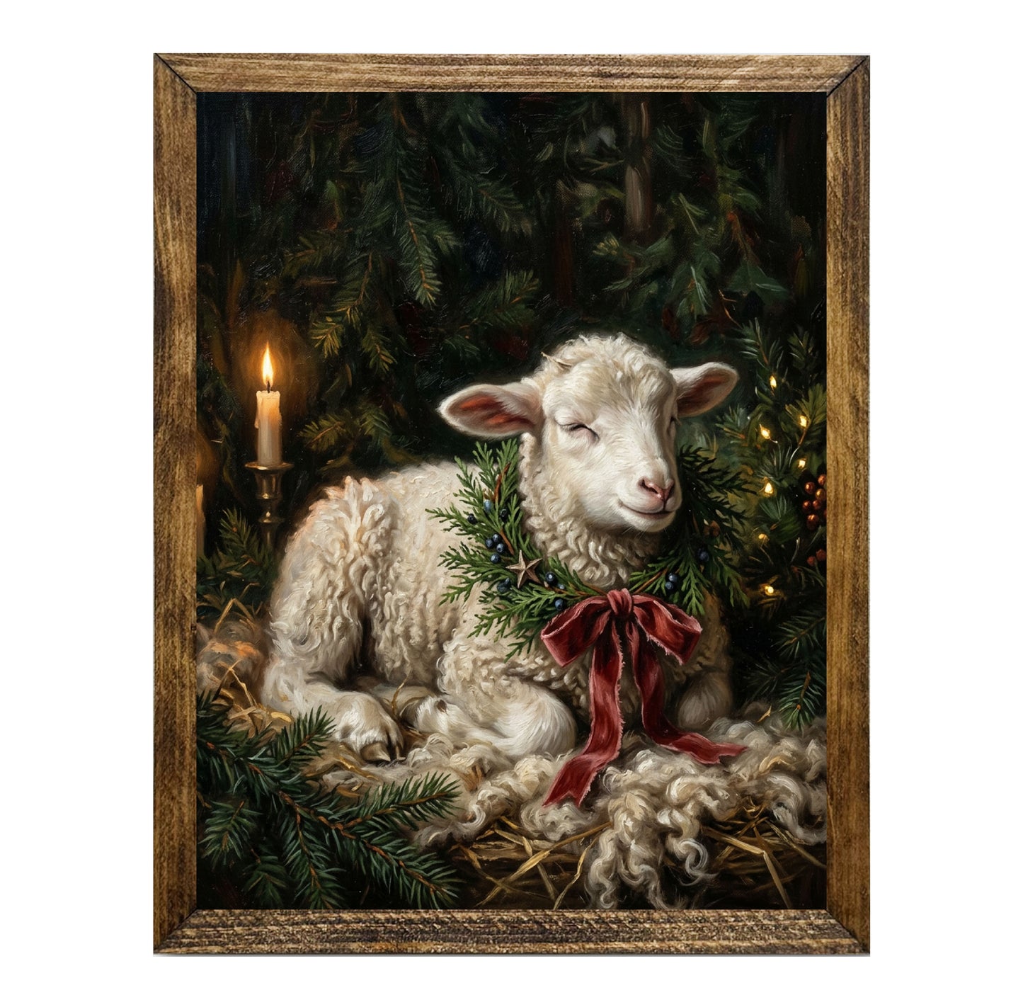 Rustic Christmas Lamb Evergreen Wreath Wall Art