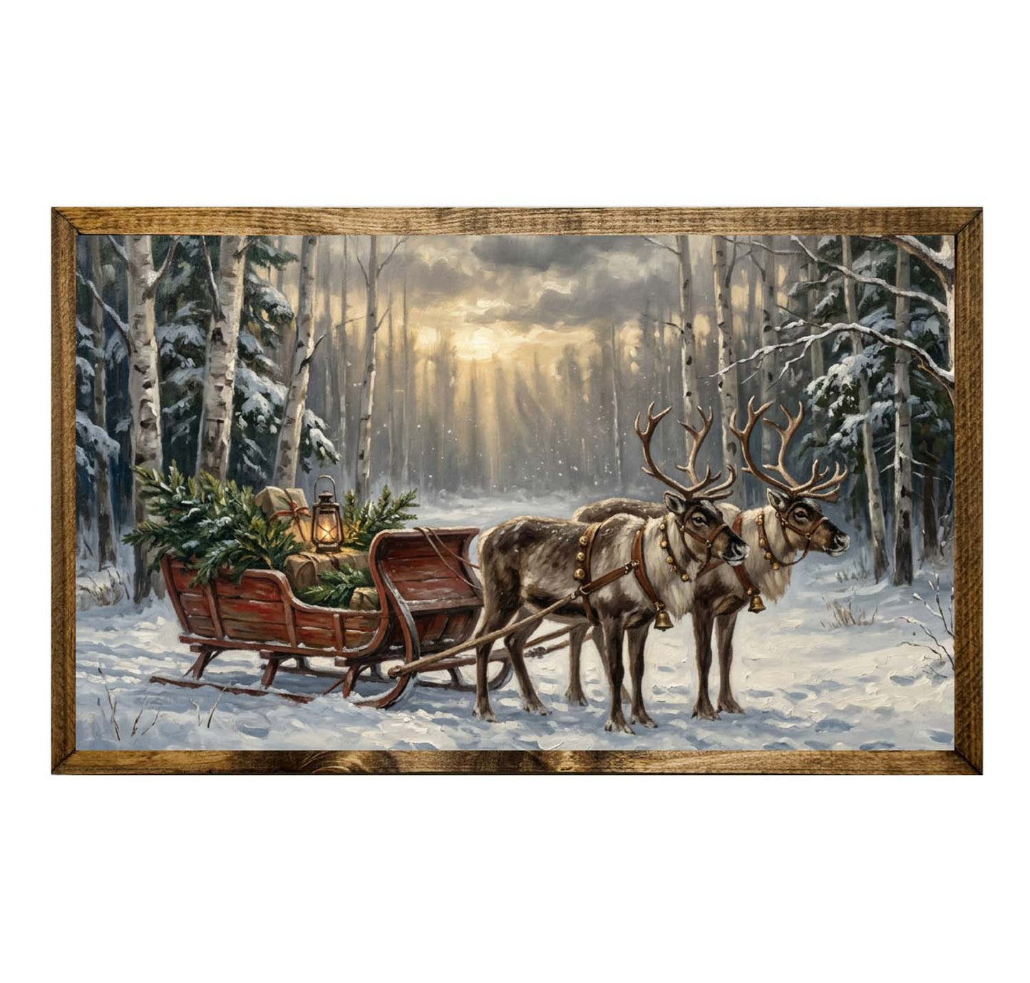 Vintage Reindeer Sleigh Christmas Gifts Snowy Forest Wall Art