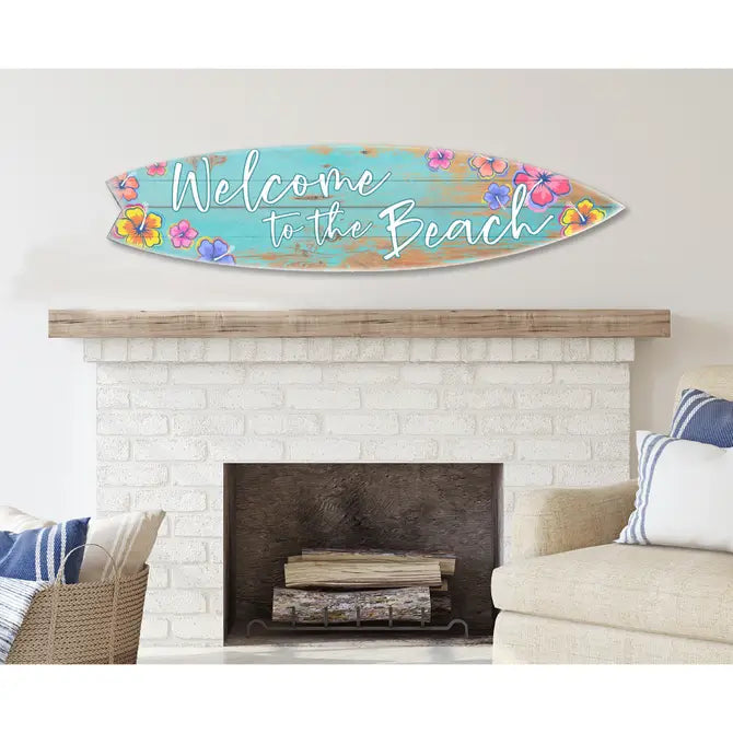 SURF BOARD WALL ACCENT WELCOME TO THE BEACH TEAL HIBISCUS