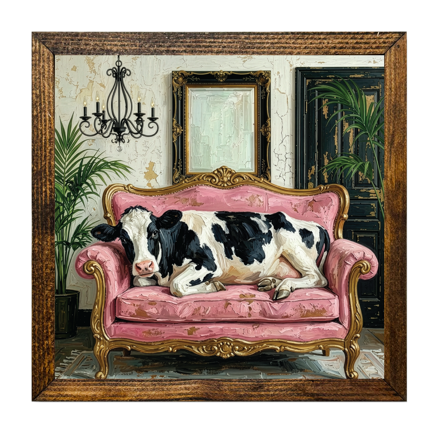 TIMBERLAND FRAME COW ON A PINK SUEDE COUCH