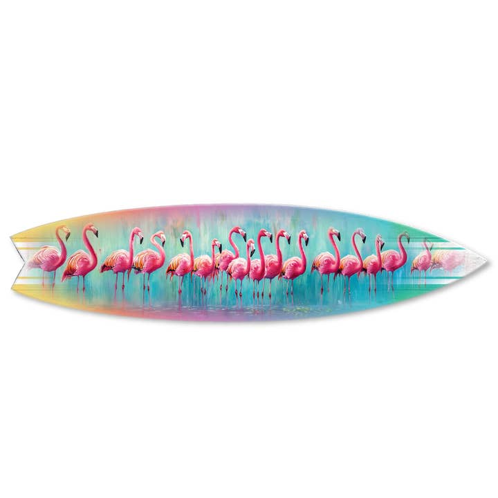 MINI 23" SURF BOARD WALL ACCENT COLORFUL PINK FLAMINGO ART