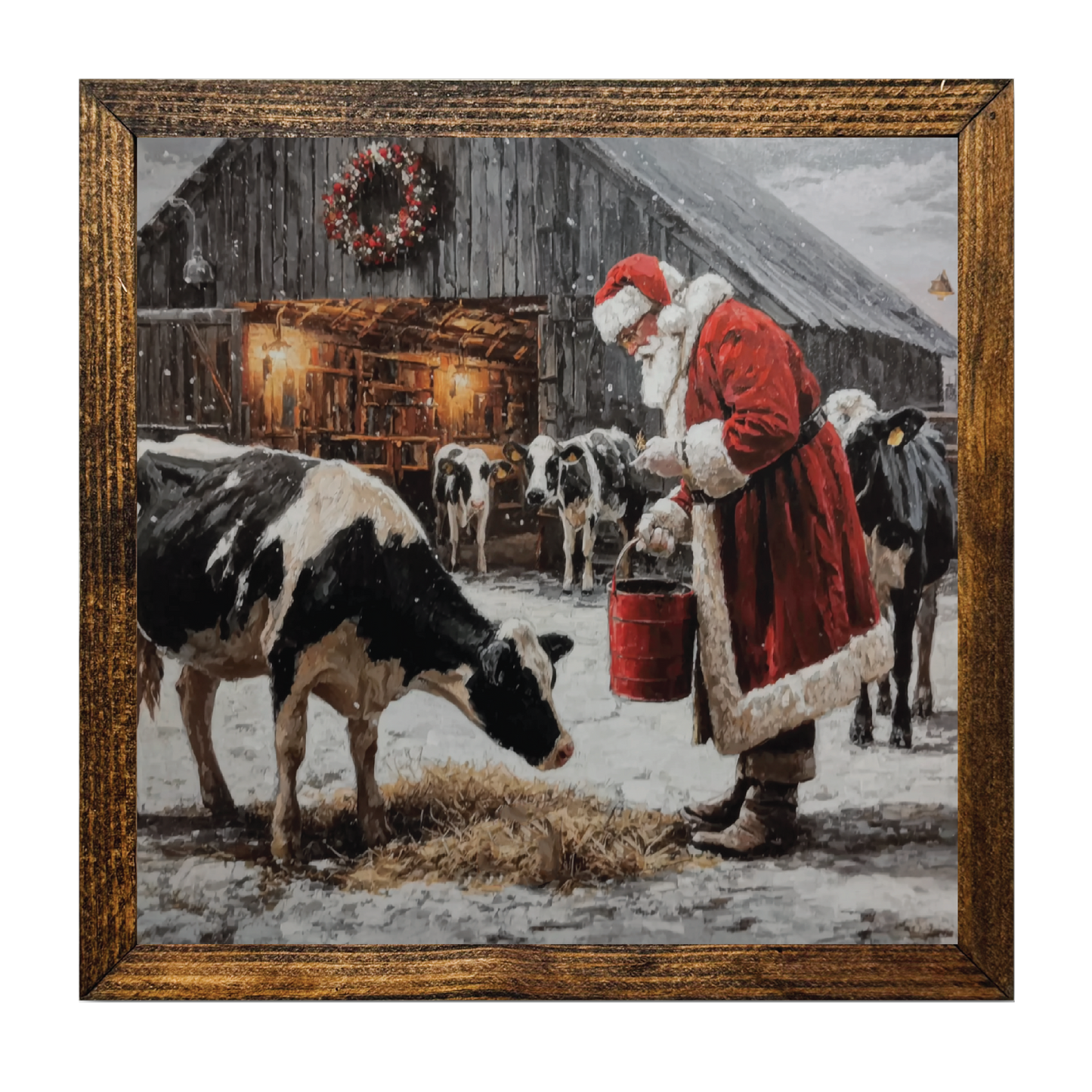 TIMBERLAND FRAME SANTA FEEDING COWS ON THE FARM