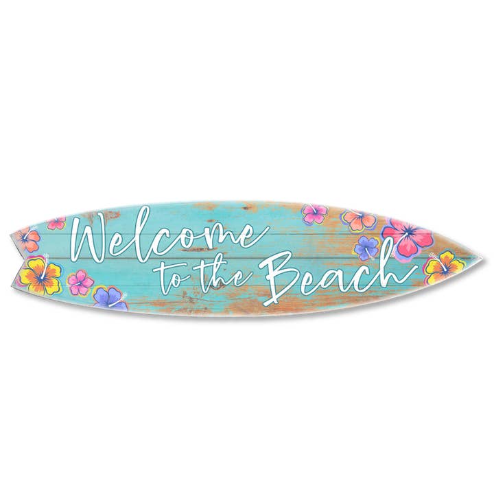 MINI 23" SURF BOARD WALL ACCENT WELCOME BEACH TEAL HIBISCUS