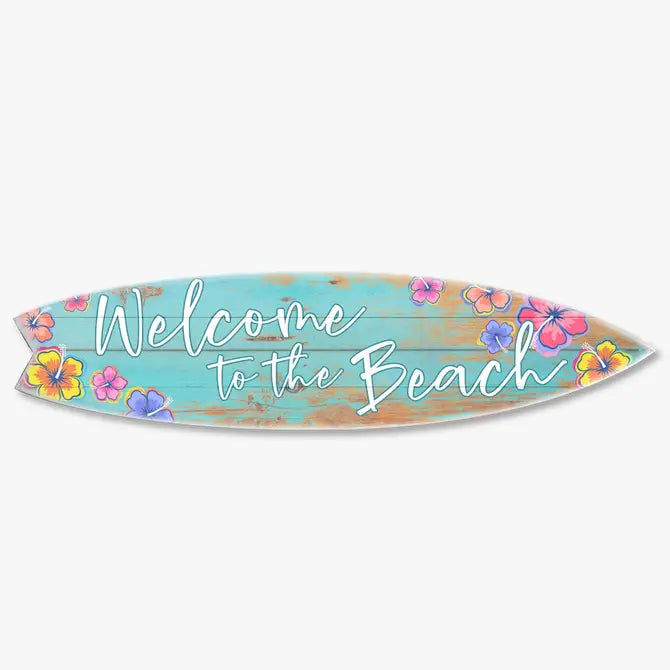 SURF BOARD WALL ACCENT WELCOME TO THE BEACH TEAL HIBISCUS