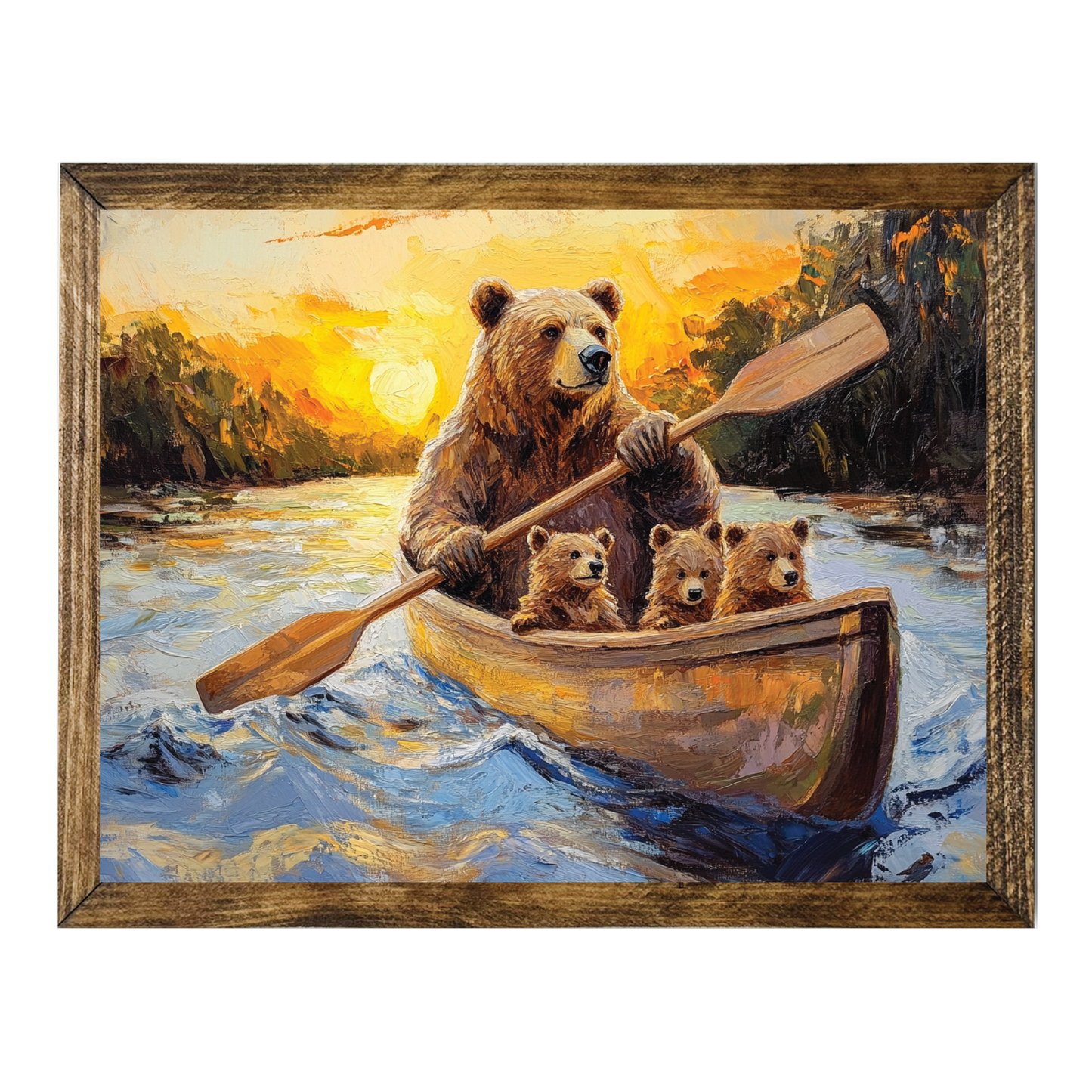 TIMBERLAND FRAME BEAR FAMILY CANOEING AT SUNSET