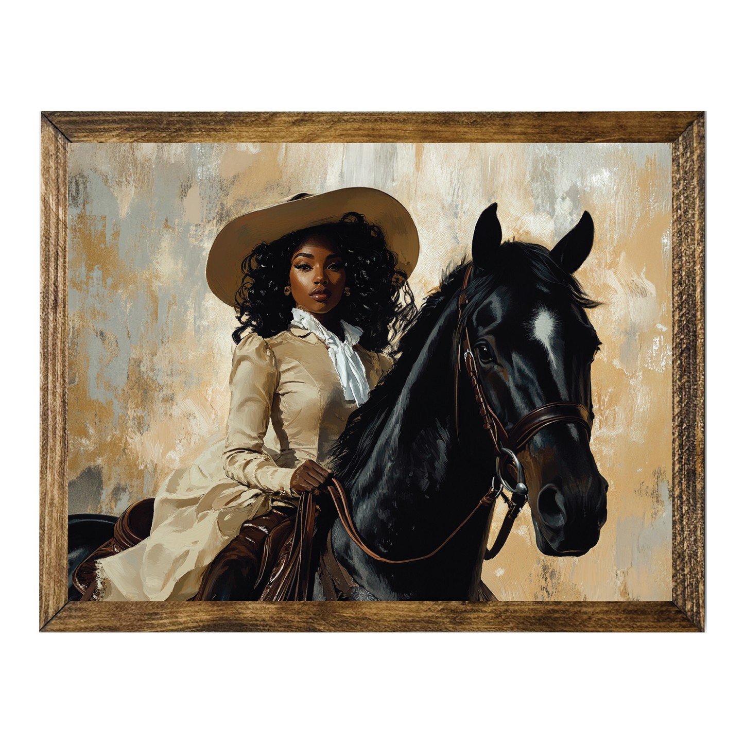 TIMBERLAND FRAME ELEGANT COWGIRL RIDING A BLACK HORSE