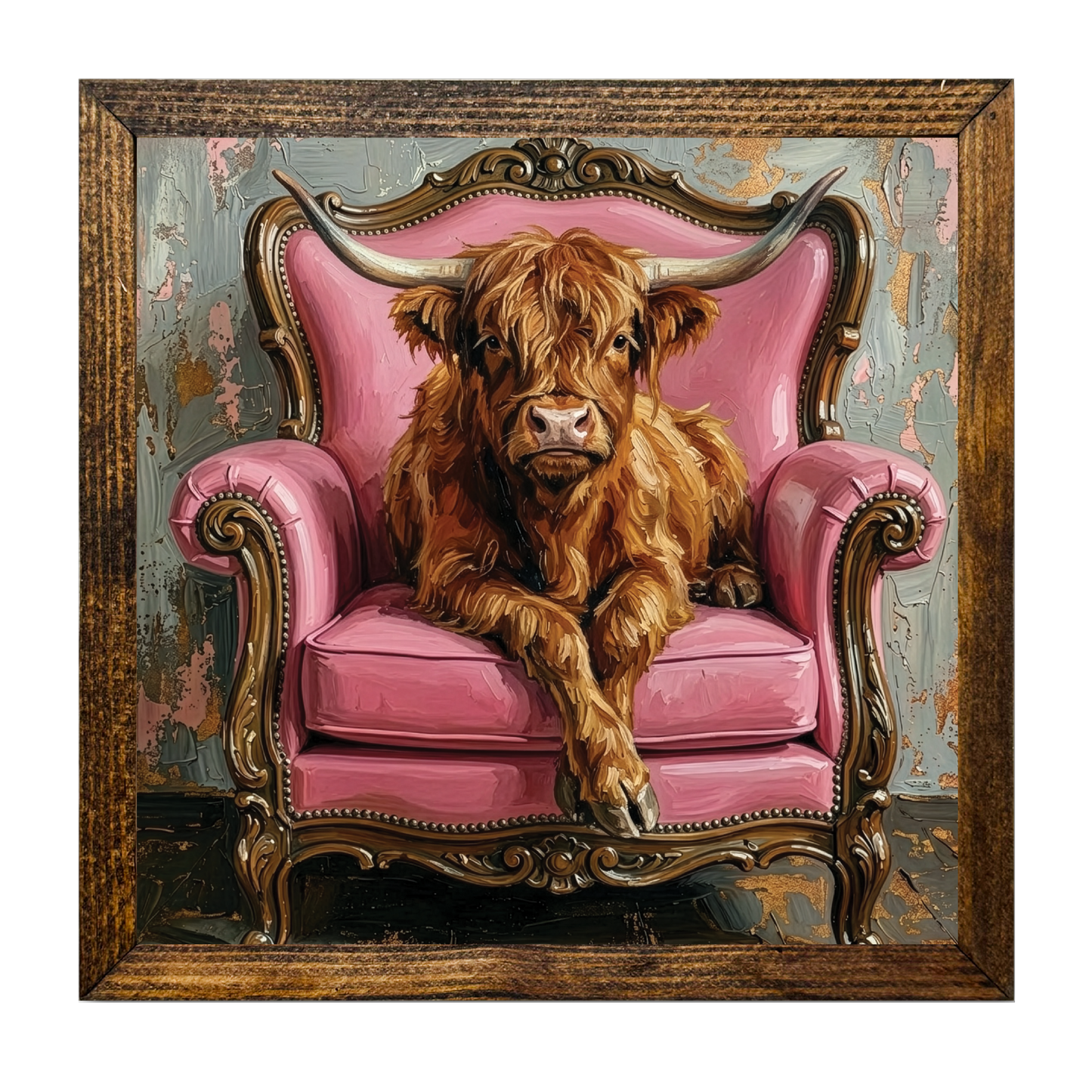 TIMBERLAND FRAME HIGHLAND COW IN A PINK SUEDE CHAIR