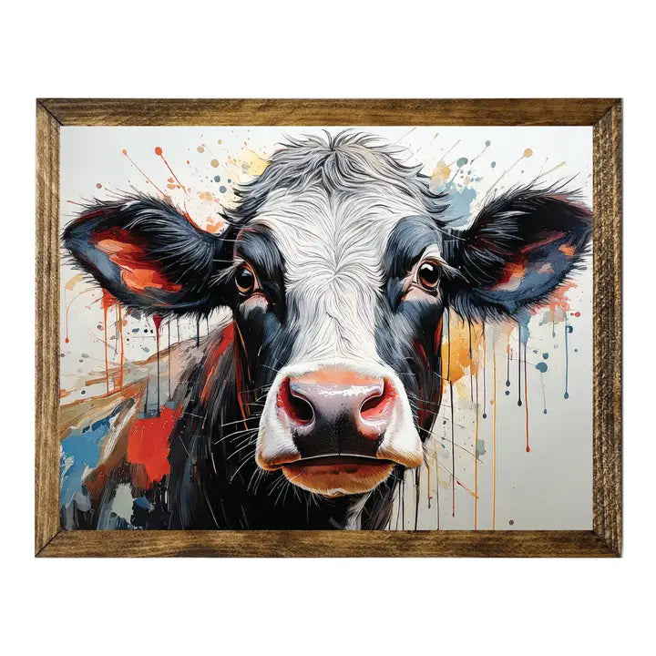 TIMBERLAND FRAME COLORFUL COW PORTRAIT WITH SPLASH RUSTIC