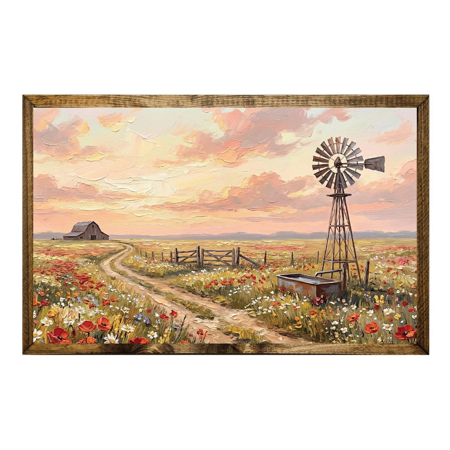 TIMBERLAND FRAME OIL PAINTING BARN FLOWER FIELD SUNSET 2