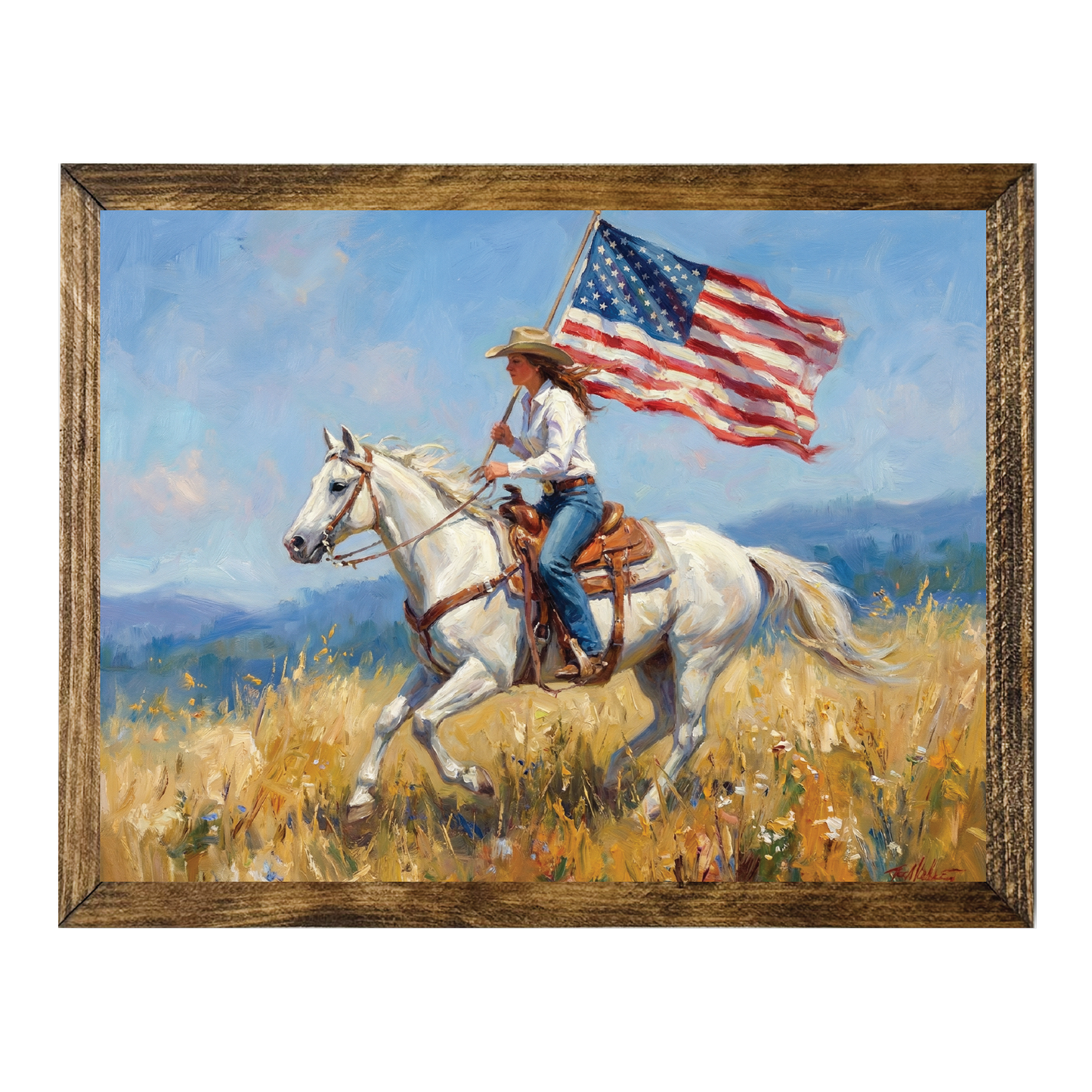 TIMBERLAND FRAME HORSE RIDER IN FIELD WITH FLAG
