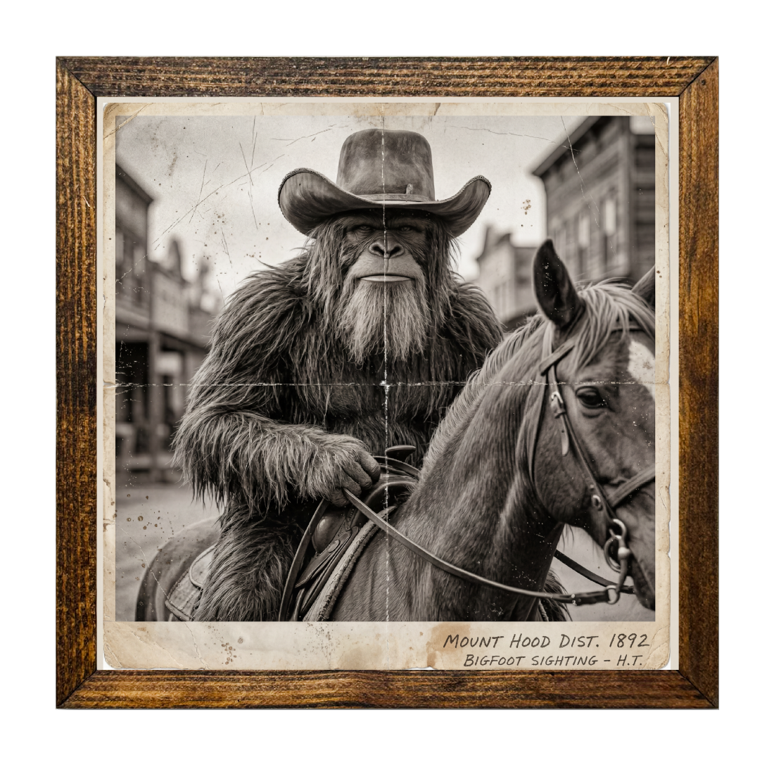 TIMBERLAND FRAME OLD VINTAGE PHOTO BIGFOOT RIDING A HORSE