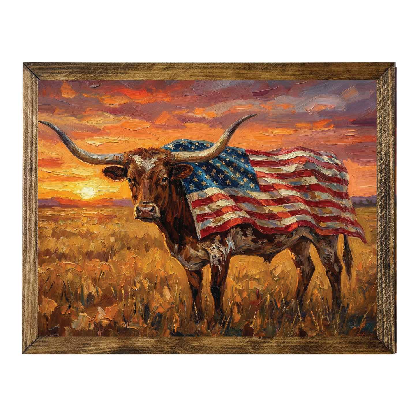 TIMBERLAND FRAME LONGHORN FLAG SUNSET PAINTING