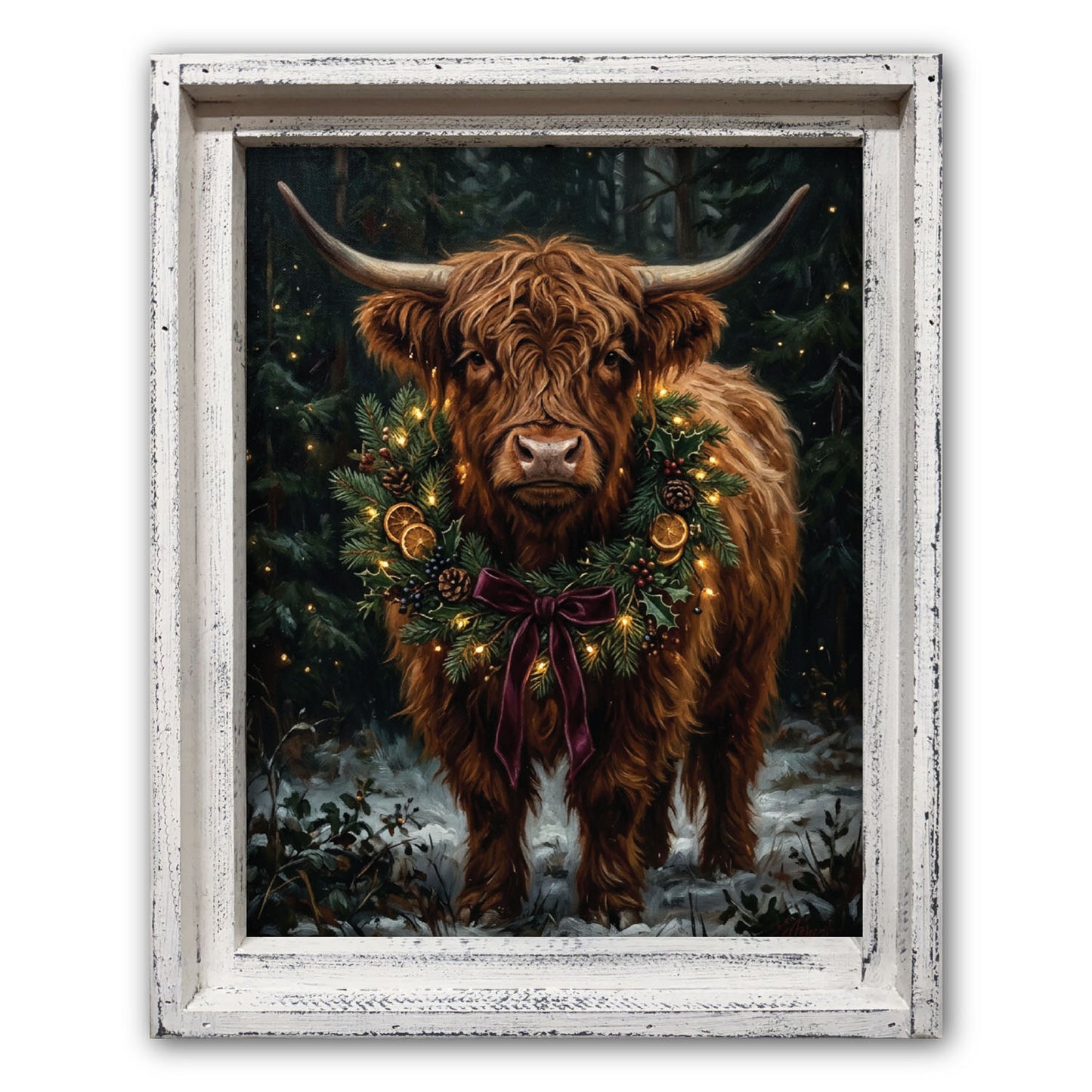 Majestic Highland Cow with Festive Wreath Framed Canvas