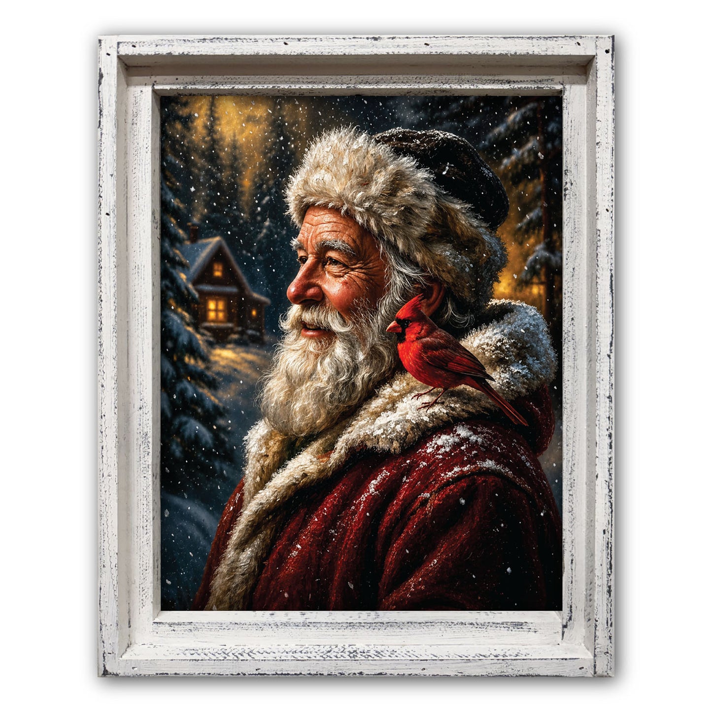 Santa with Cardinal Framed Canvas