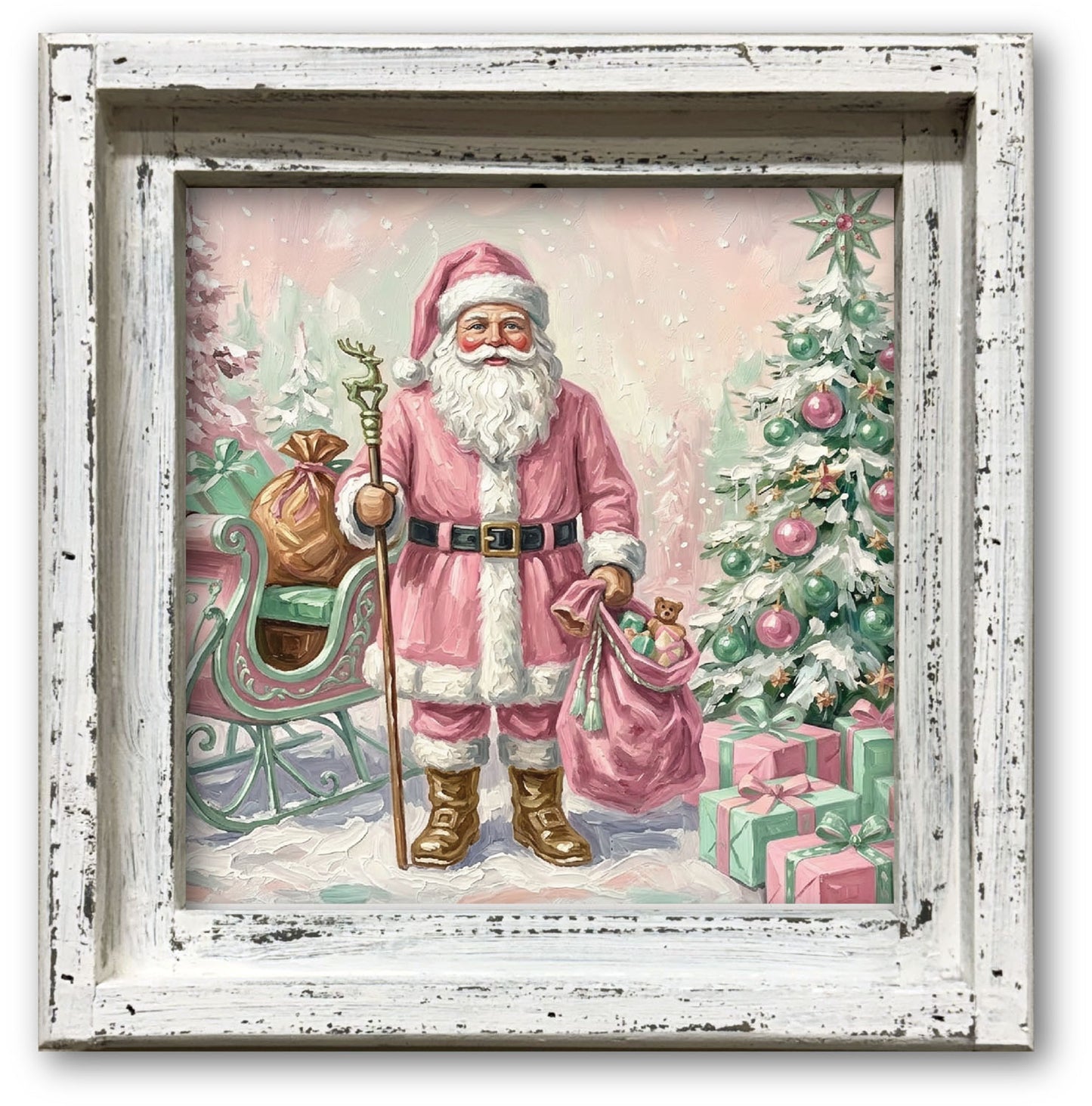 Vintage Pink Santa Framed Canvas