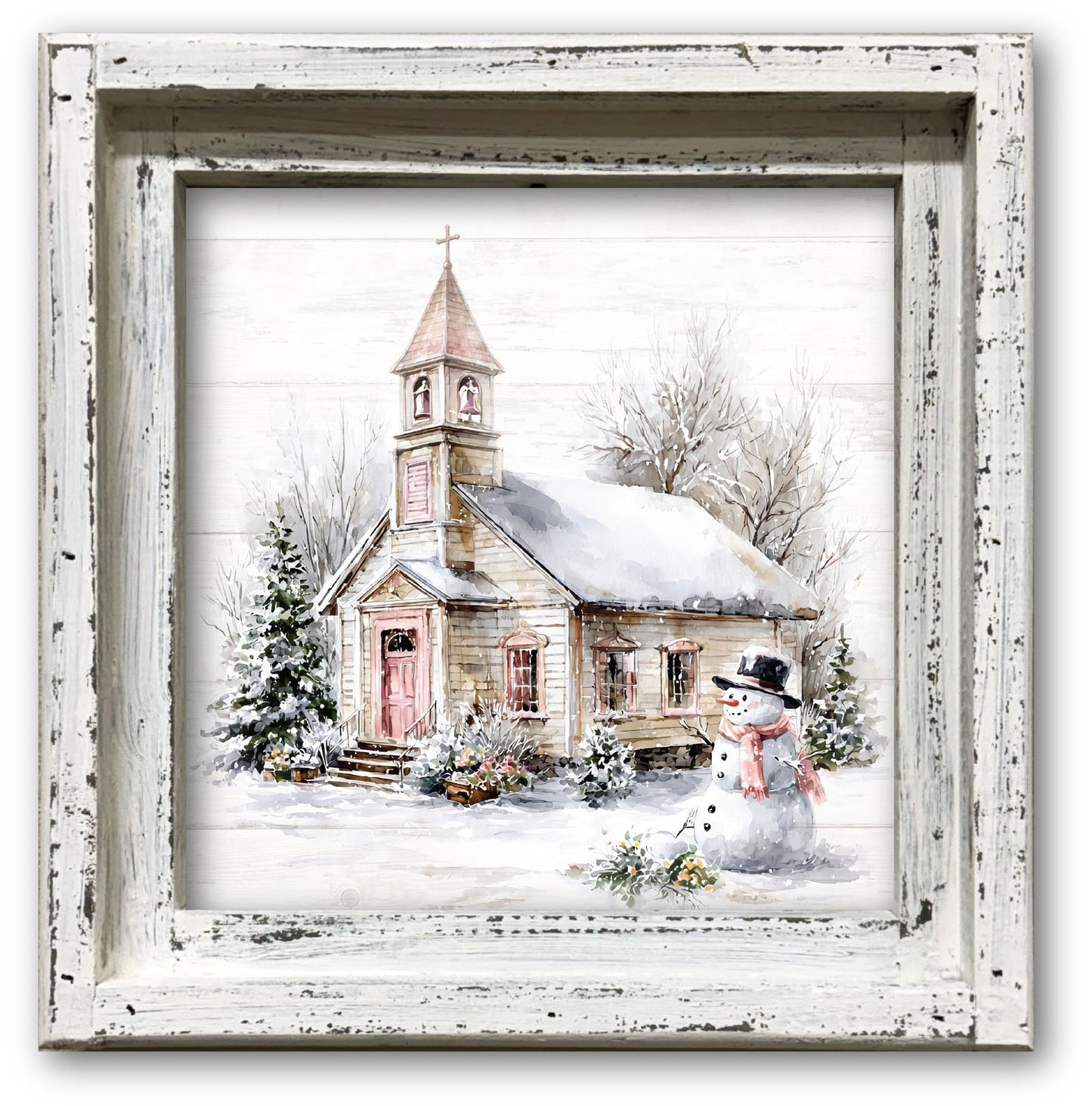 Snowman Christmas Church Framed Canvas