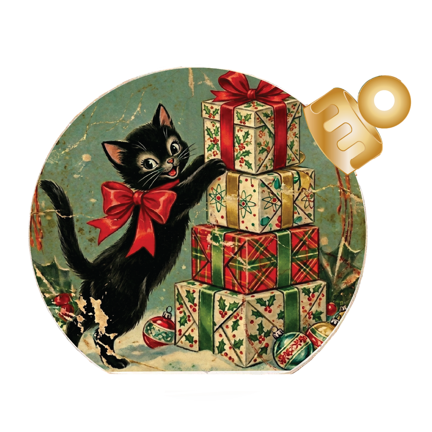 Vintage Black Cat Christmas Wood Table Top Sitter