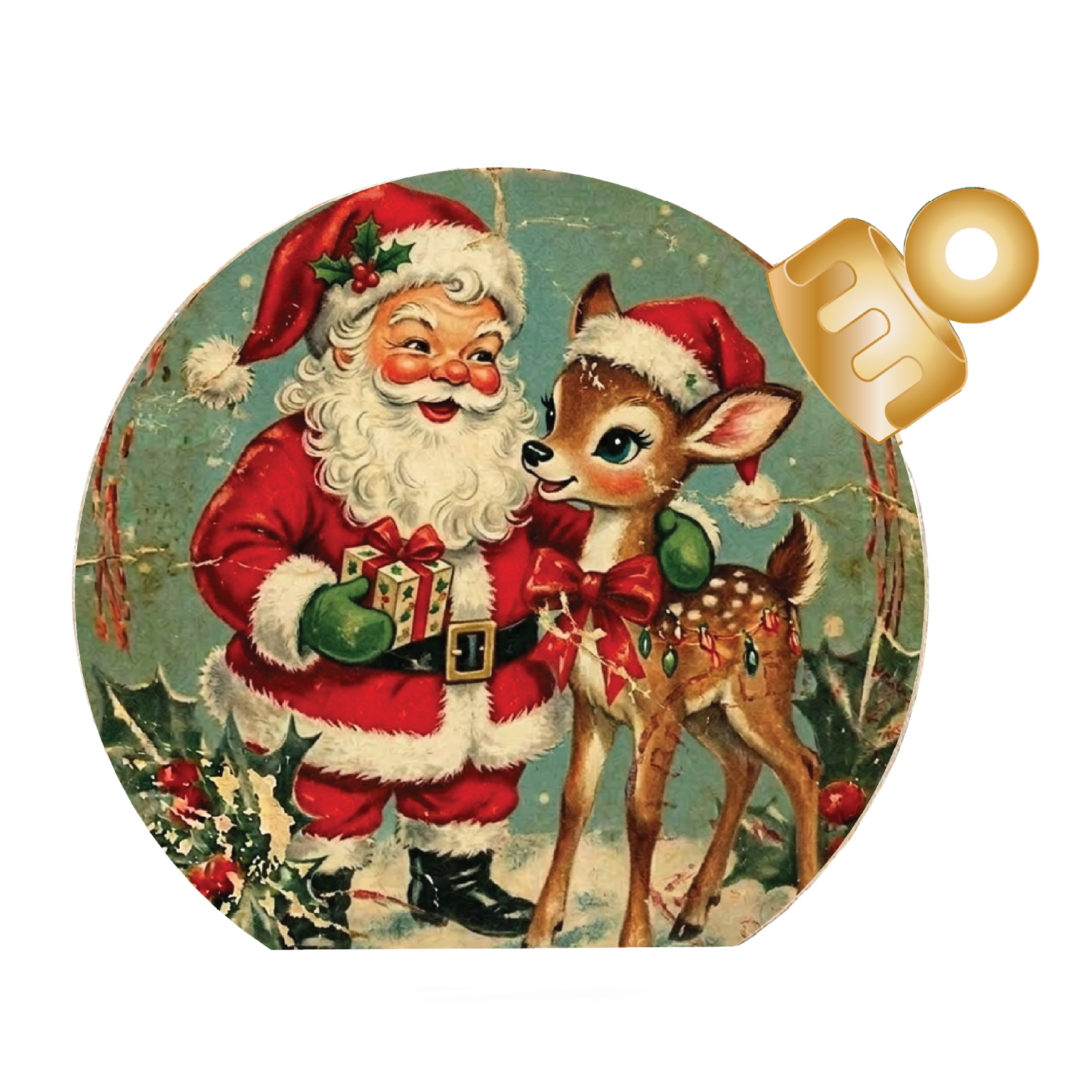 Vintage Santa & Reindeer Wood Table Top Sitter