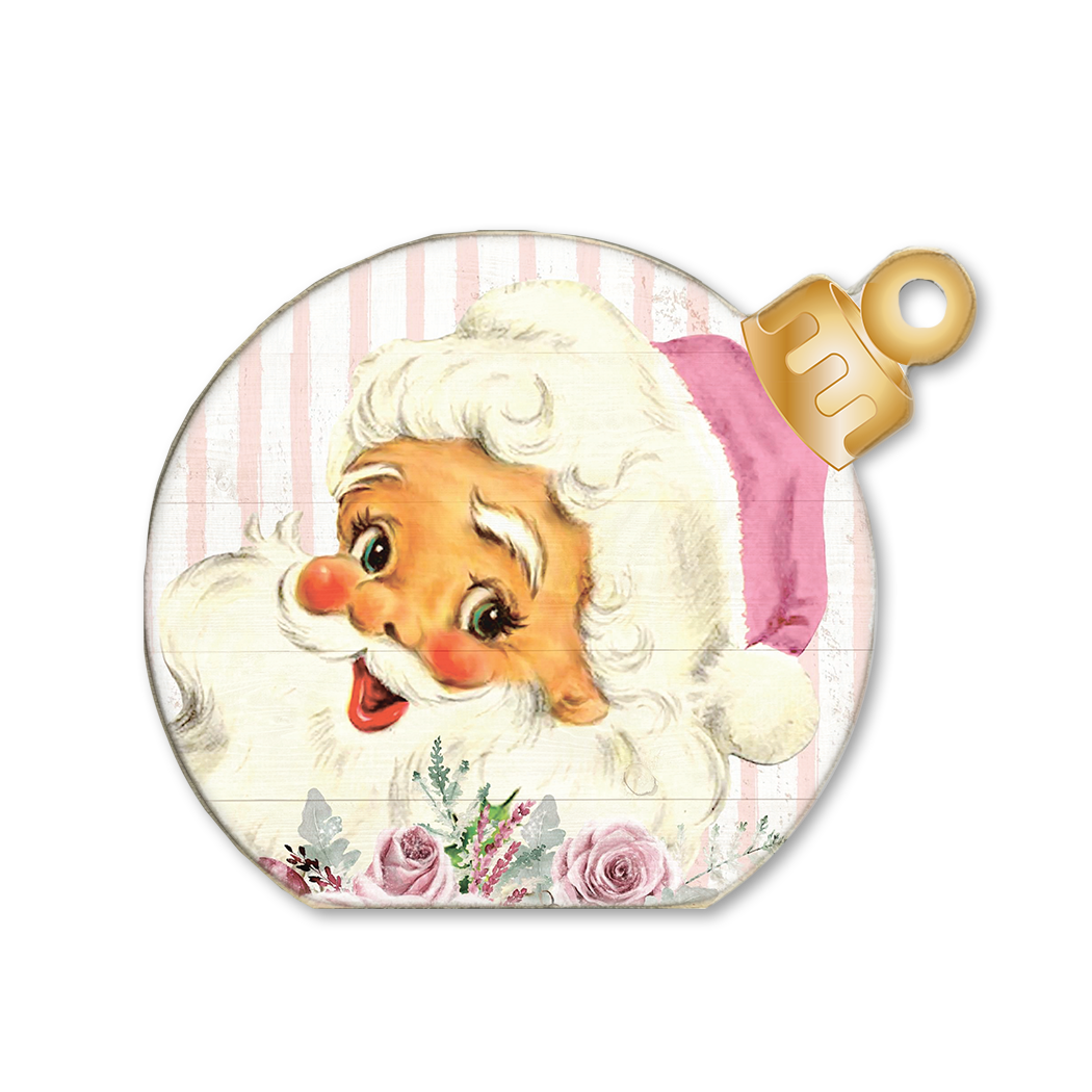 Ornament Sitter Pink Santa Face Flower and Stripes