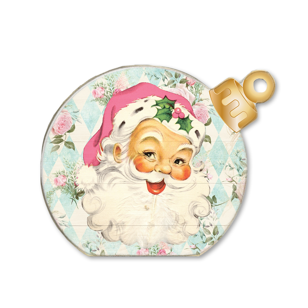 Ornament Sitter Pink Santa Blue Diamonds