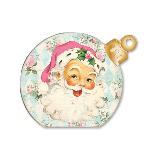 Ornament Sitter Pink Santa Blue Diamonds