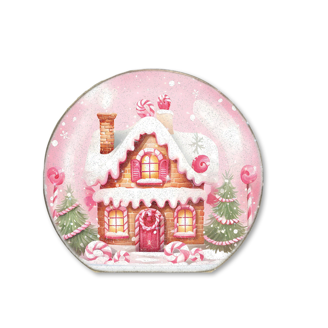 Snow Globe Sitter Pink Gingerbread House