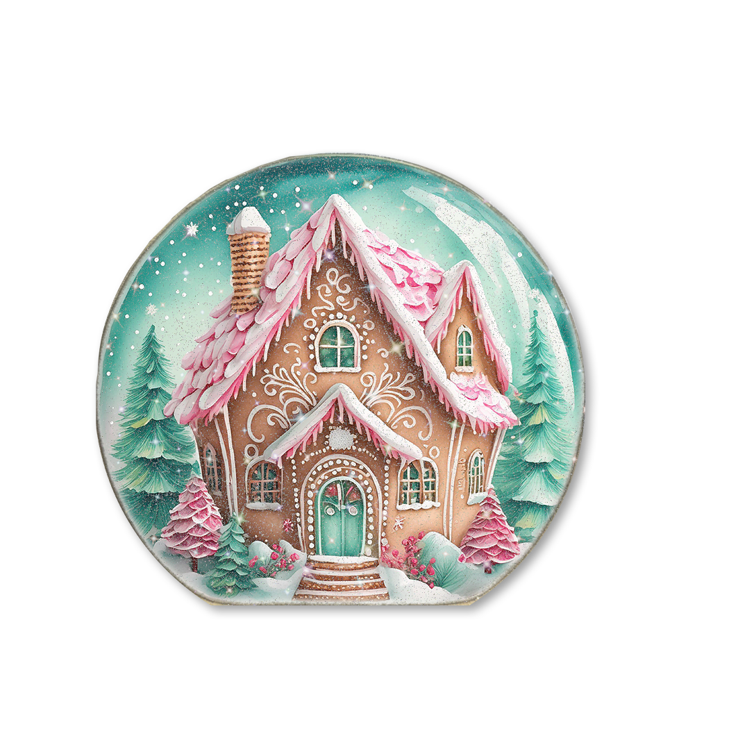 Snow Globe Sitter Pink & Mint Green Gingerbread House 1