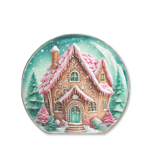 Snow Globe Sitter Pink & Mint Green Gingerbread House 1
