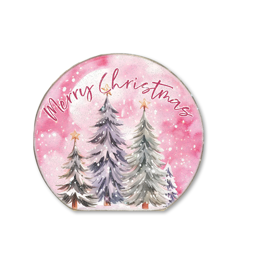 Snow Globe Sitter Merry Christmas Pink Trees