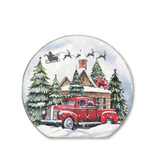 Snow Globe Sitter Red Truck Santa Flying