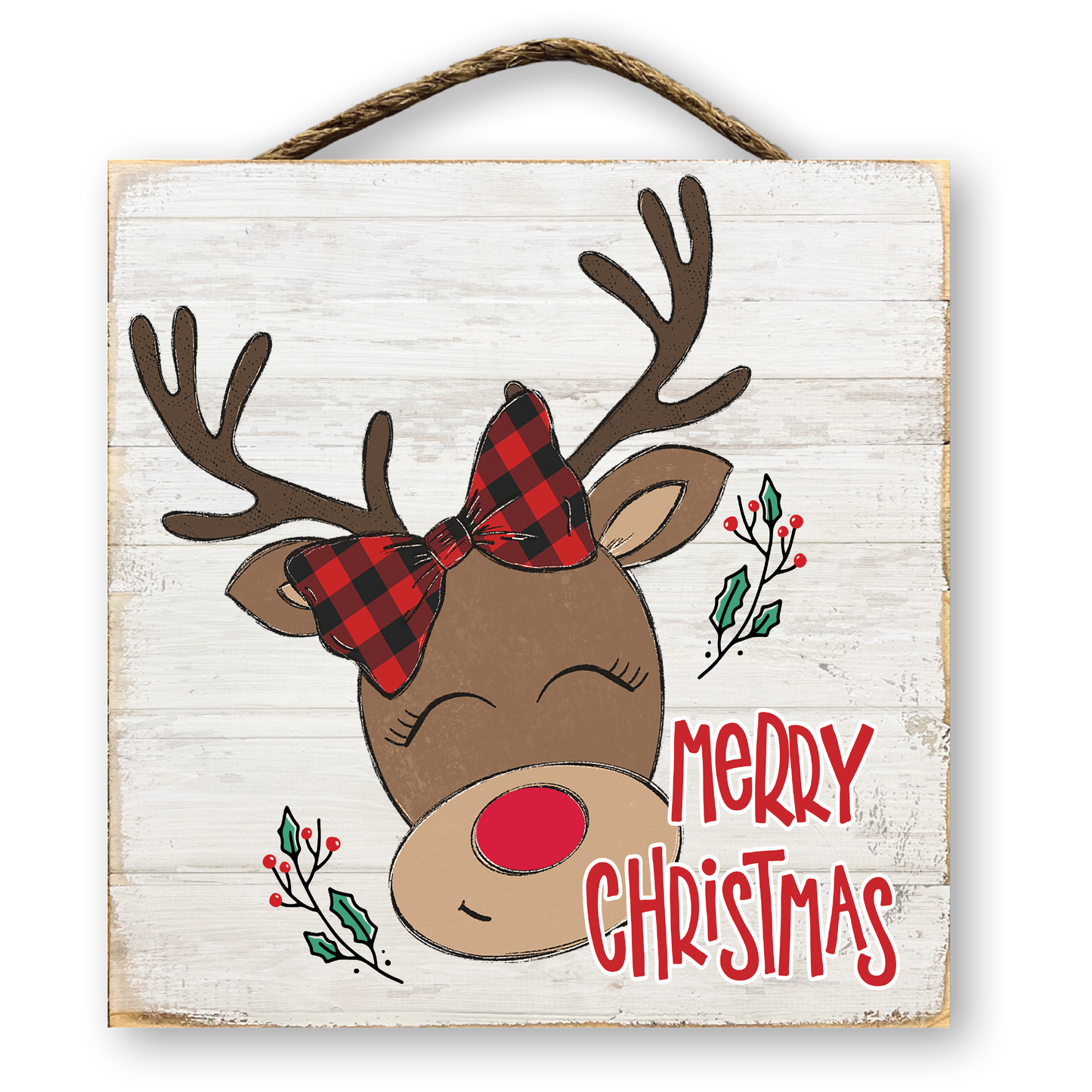 Cute Reindeer with Buffalo Plaid Bow Christmas Sign